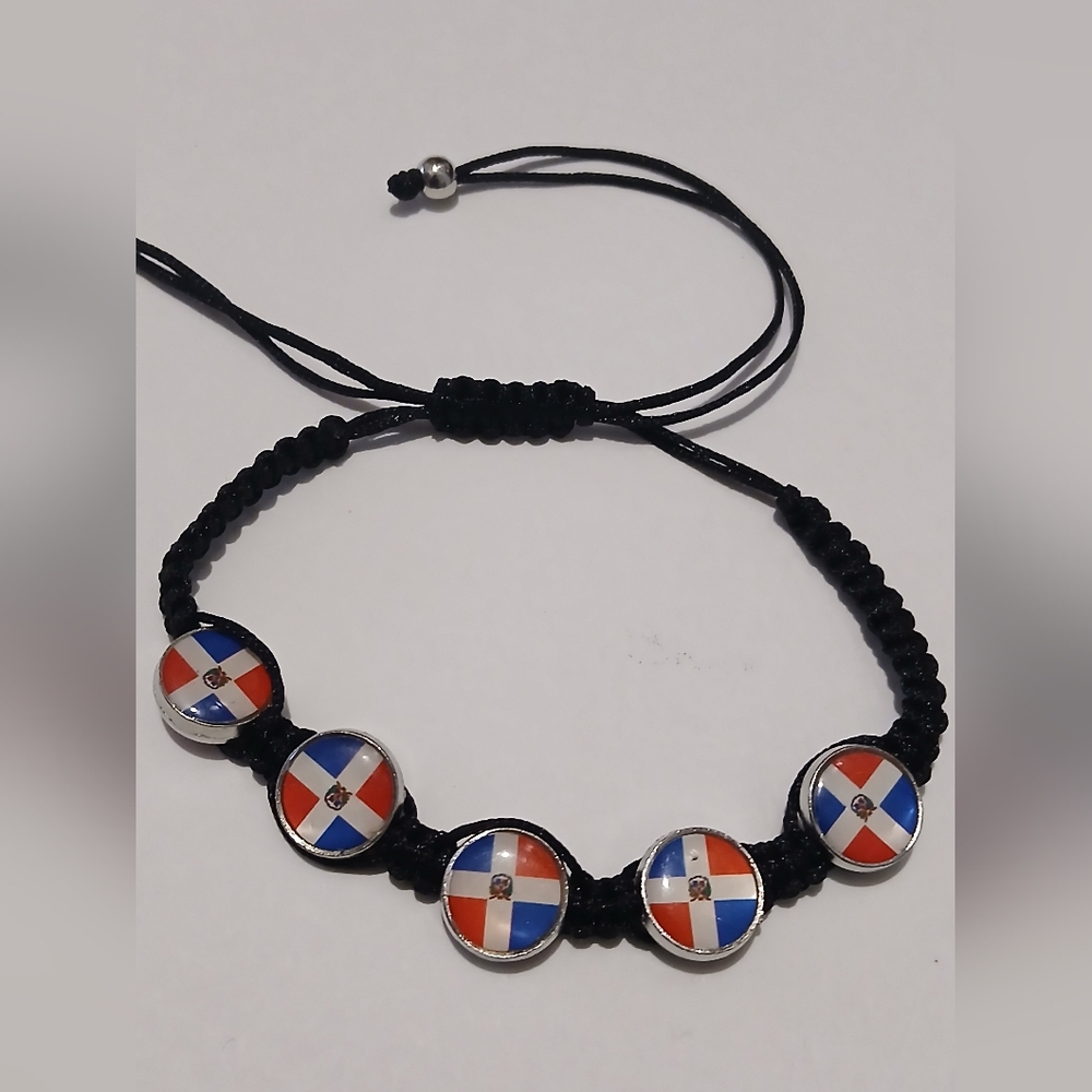 Handmade Dominican Flag  Black Rope  Cord Adjustable Bracelet Dominican Republic